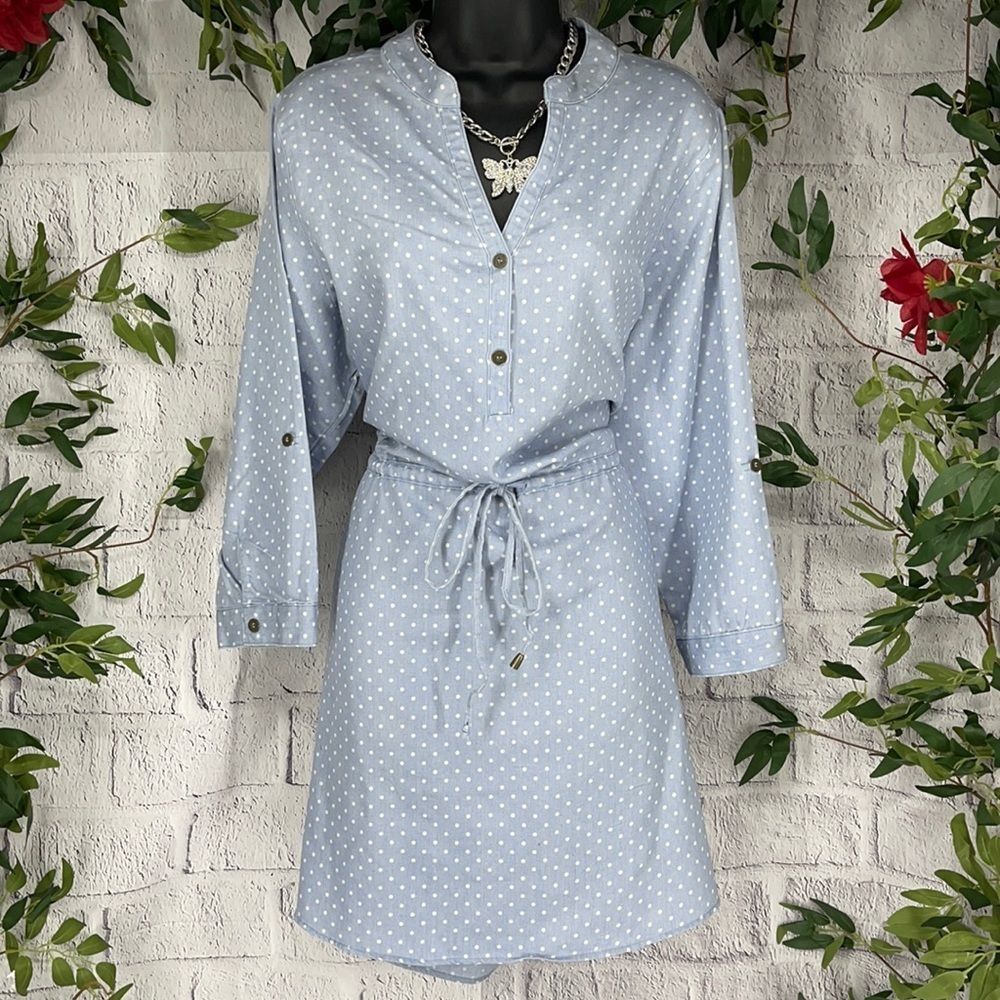 Women’s R&B Blue & White Polkadot V-Neck Tie Up Long Sleeve Midi Dress (2X) BF04
